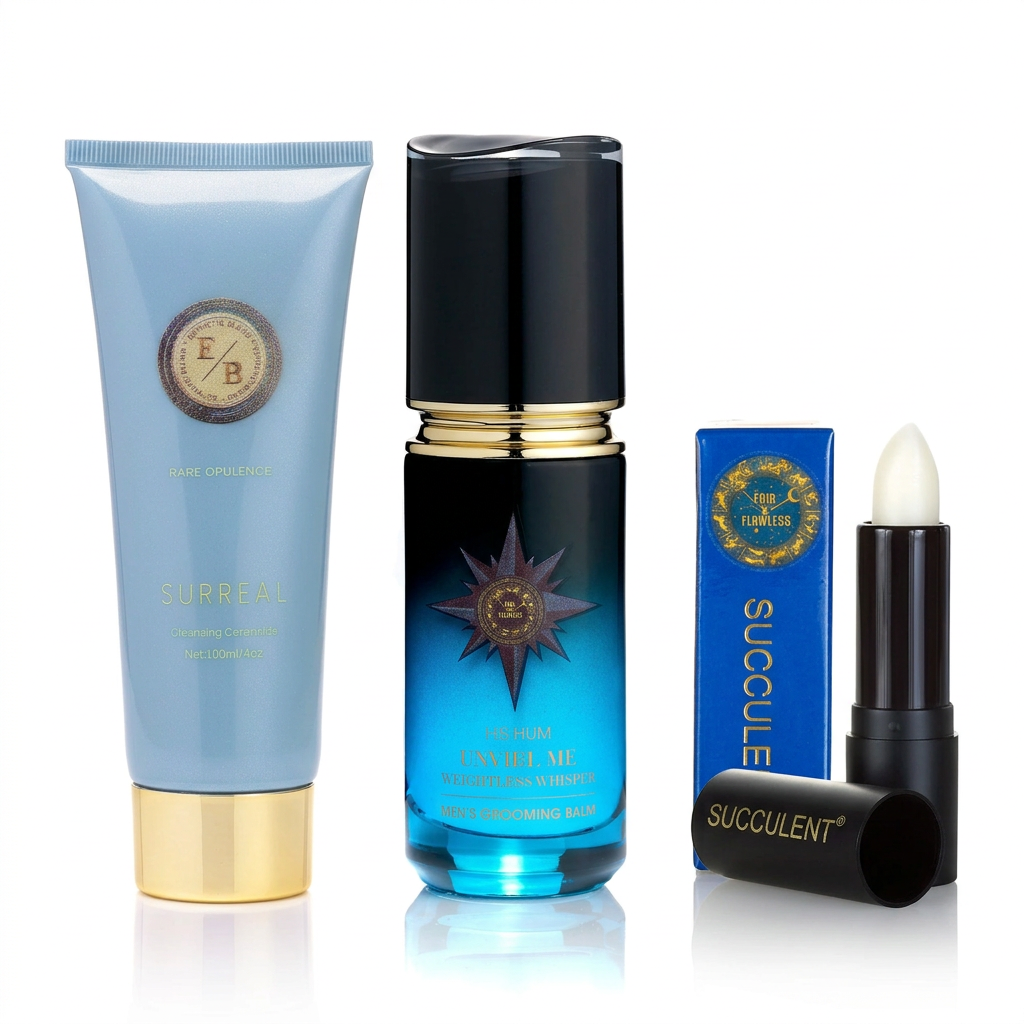 Men’s Grooming Essentials Trio with Surreal cleanser, Weightless grooming balm and Succulent Lips balm on a white background